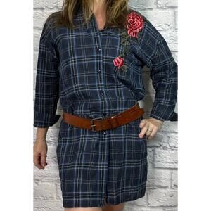 Vintage Y2K Plaid Mini Shirt Dress/Long Blouse with Rose Applique on Shoulder